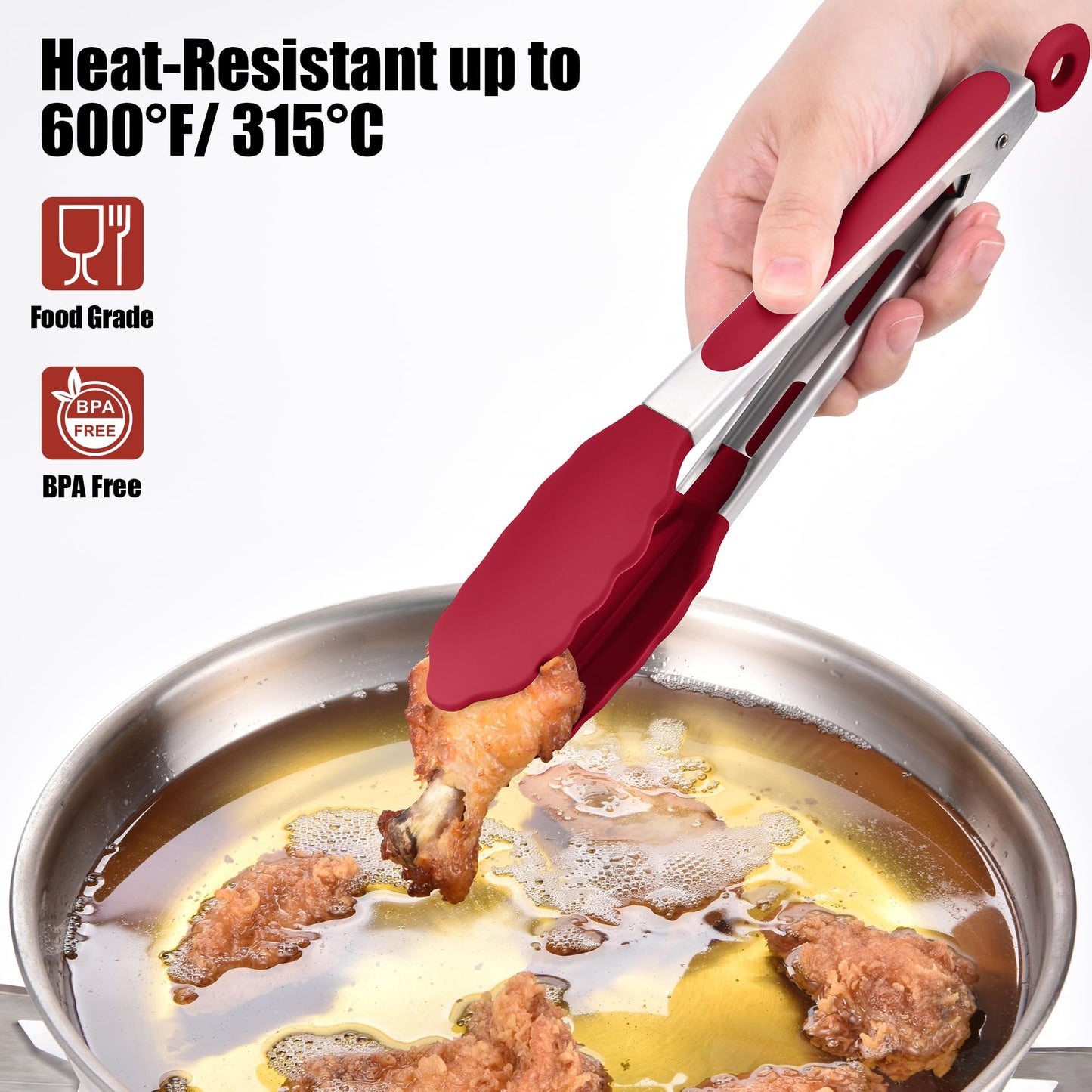 Doosu Kitchen Tongs for Cooking - 600°F Heat Resistant Food Tong with Non-Scratch Silicone Tips, Heavy Duty Stainless Steel Locking Tong for BBQ, Grilling Steak, Serving Salad, Pasta (9in, Red)