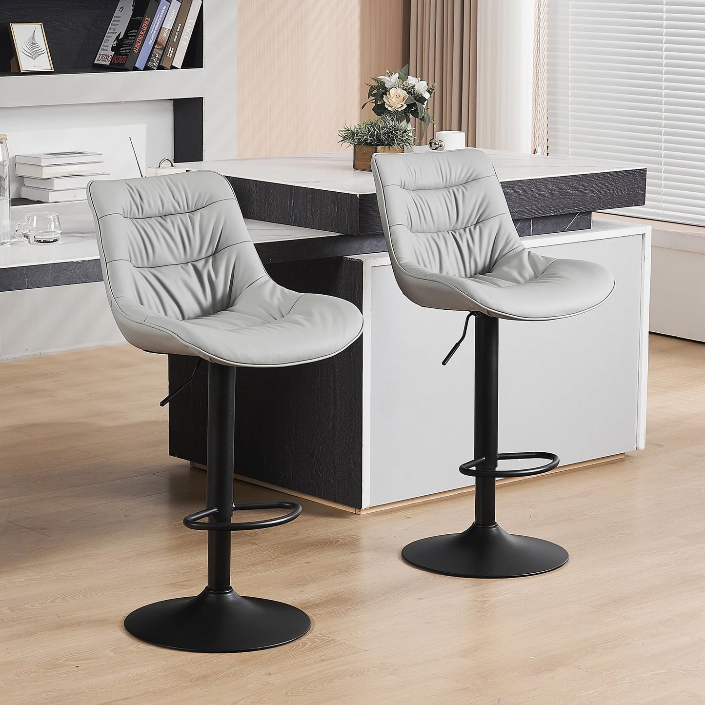 Kidol & Shellder Adjustable Bar Stools Set of 2, Faux Leather Counter Height BarStools with Back, Modern Mid Century Upholstered Bar stools for Kitchen Island Gray