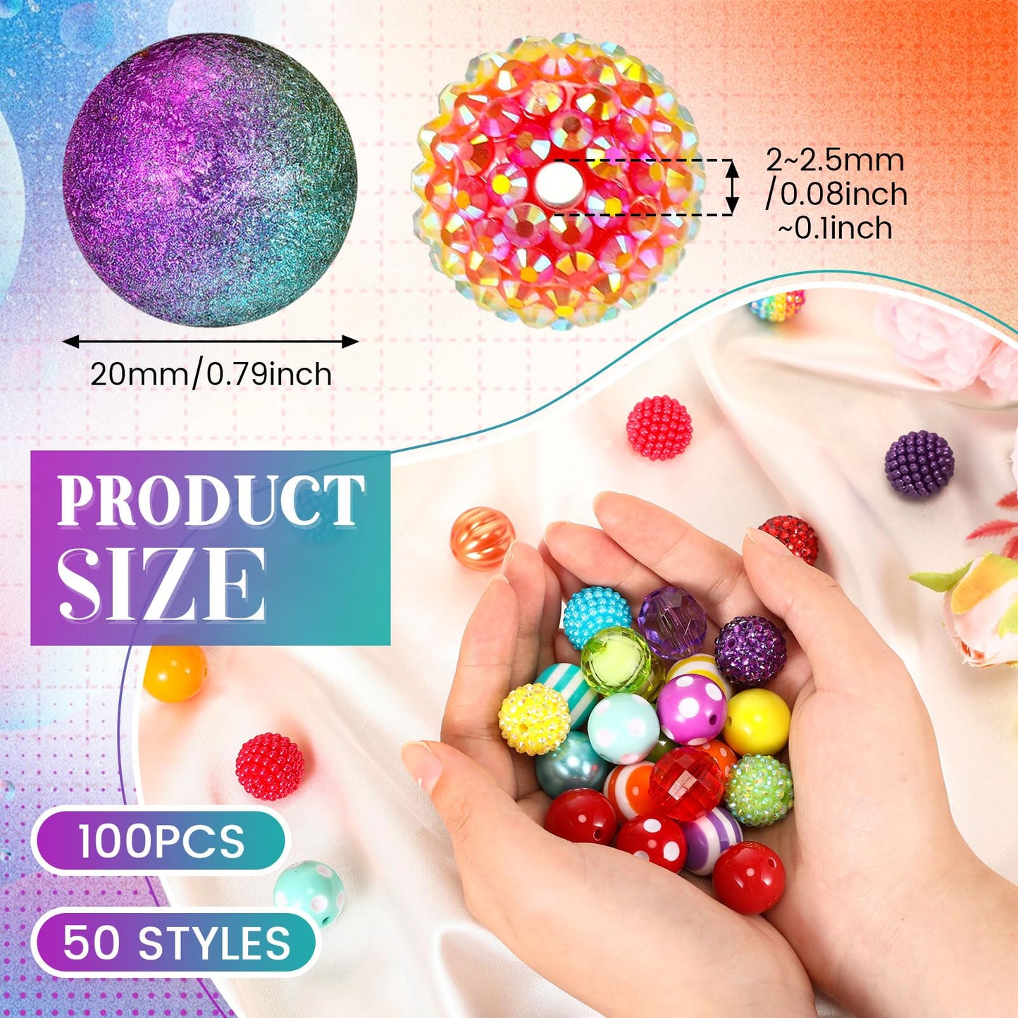 Huquary 100 Pcs 20mm Rhinestone Bubblegum Beads for Pens Mixed Crystal Resin Chunky Beads for DIY Craft Keychain Necklace Bracelet Jewelry Making(Rainbow Color)