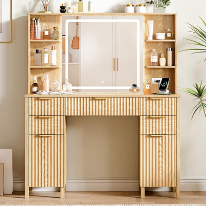 Vanity Desk with Large 27.2" Mirror and Lights 47.2" Fluted Makeup, 5 Drawer Vanity with Power Strip, 4 Open Shelves, 2 Cabinet, Modern Bedroom Vanity Featuring Visual Transparent Glass. Wood