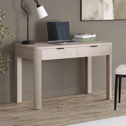 Henn&Hart 48" Fluted Modern Rectangular Wooden Home Office Desk Computer Desk Writing Table with Ribbed Legs and 2 Storage Drawers for Bedroom, Living Room, or Home Office, Beech White