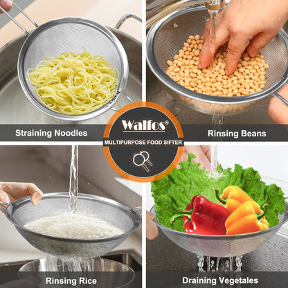 Walfos 7.8 Inch Fine Mesh Strainer, Premium Stainless Steel Colanders and Sifters, with Reinforced Frame and Sturdy Handle, Perfect for Sift, Strain, Drain and Rinse Vegetables, Pastas and Tea