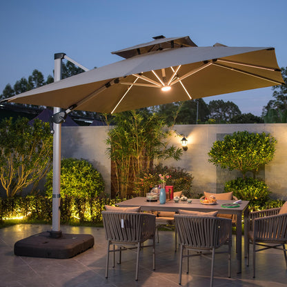 Mojia 10x10 FT Square Cantilever Patio Umbrella with Solar LED Lights and Cross Base, 360° Rotation Large Heavy Duty Offset Outdoor Umbrella with Easy Tilt for Pool Backyard Deck Garden, Khaki