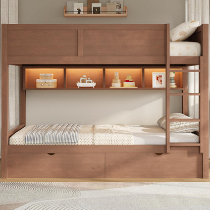 Merax Full XL Over Full XL Wood Bunk Bed Frame with Ladder,Storage Shelves & Drawers for Teens, Modern Low Bunk Bed with Solid Slats, Guardrail, No Box Spring Required, Easy Assembly, Brown