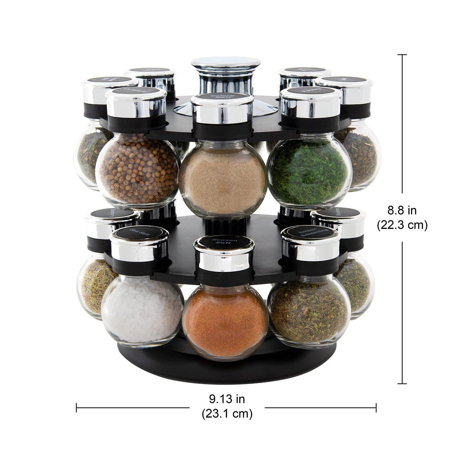 Kamenstein Ellington 16 Jar Revolving Spice Rack with Prefilled Spices - Rotating Chrome and Plastic Countertop Organizer with Sifter Caps and Labeled Lids