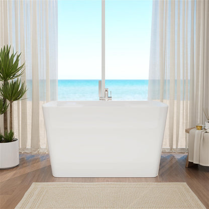 Mokleba 47" Lucite Acrylic Freestanding Bathtub，Square Shape Japanese Soaking Tub with Seat Desgin,Toe-tap Chrome Right Drain, Slotted Overflow, cUPC Certified,Glossy White