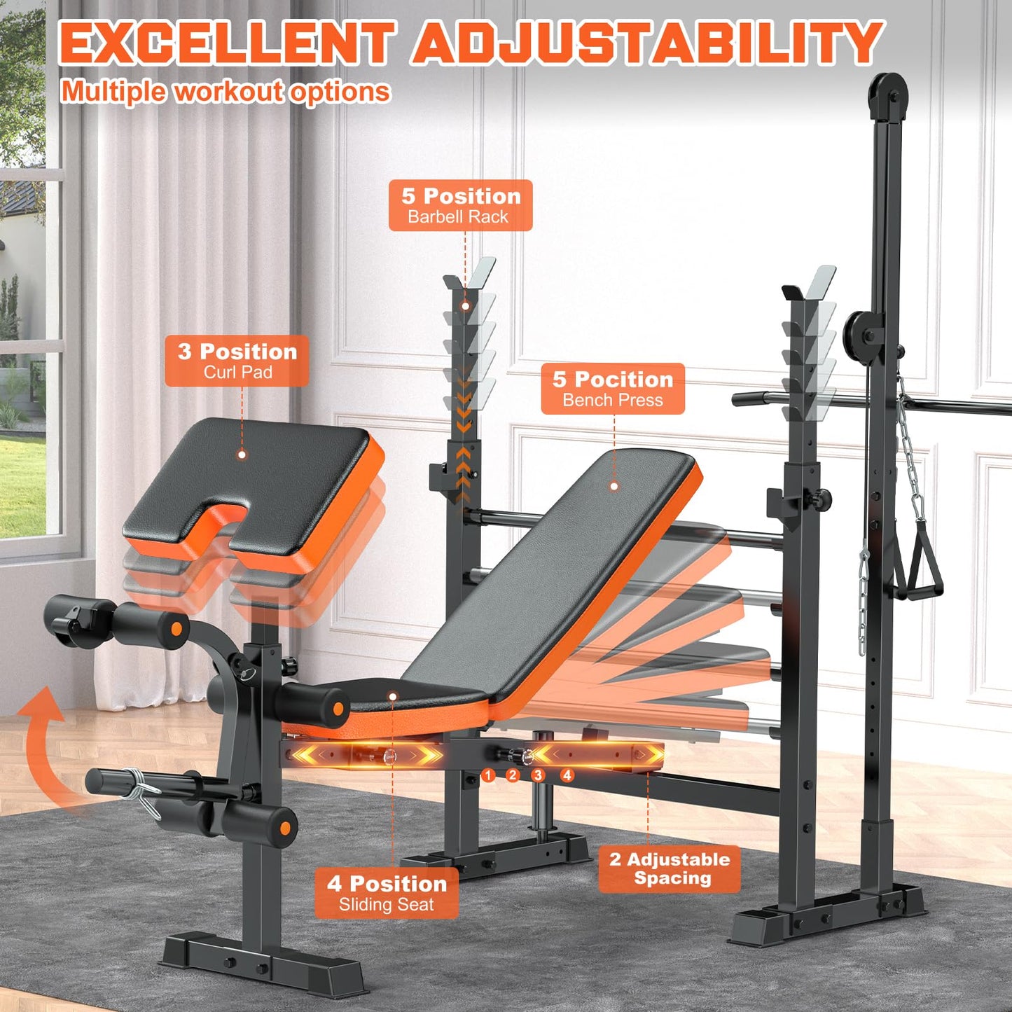 Fostoy 8-in-1 Adjustable Olympic Weight Bench with Lat Pulldown, Row, Squat Rack & Leg Curl – MultiFunction Strength Training Bench Press for Adjustable Seat for Home Gym(8in1 Olympic Weight Bench)