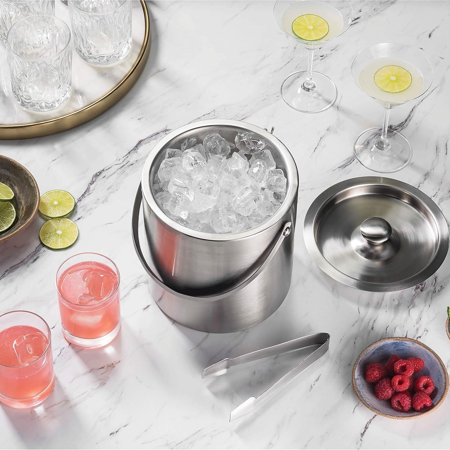 FineDine Double-Wall Stainless Steel Insulated Ice Bucket - 3 Liter with Lid & Ice Tong for Home Bar