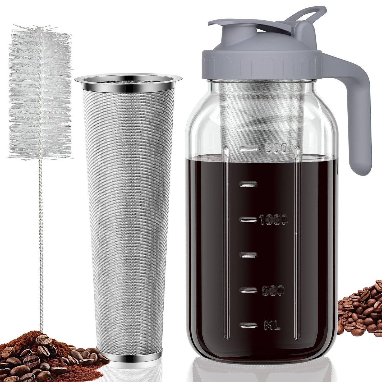 JunVpic Cold Brew Coffee Maker Jar - 64oz Wide Mouth,LeakProof,Heavy Duty Glass Mason Pitcher with Spout Lid,Handle & Stainless Steel Filter for Iced Coffee,Lemonade,Ice Tea & Fruit Drinks
