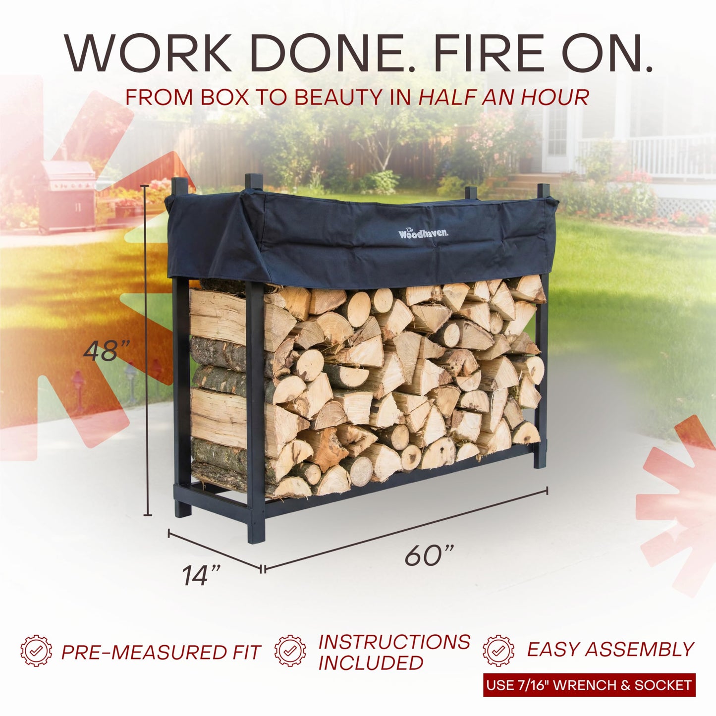 Woodhaven 5-Foot Firewood Rack – American Brand – 1/4 Plus Cord Raised Lumber Storage Rack – Keeps Wood Dry & Ready – Heavy-Duty Steel, Lifetime Structural Warranty (With Cover)