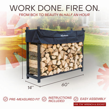 Woodhaven 5-Foot Firewood Rack – American Brand – 1/4 Plus Cord Raised Lumber Storage Rack – Keeps Wood Dry & Ready – Heavy-Duty Steel, Lifetime Structural Warranty (With Cover)
