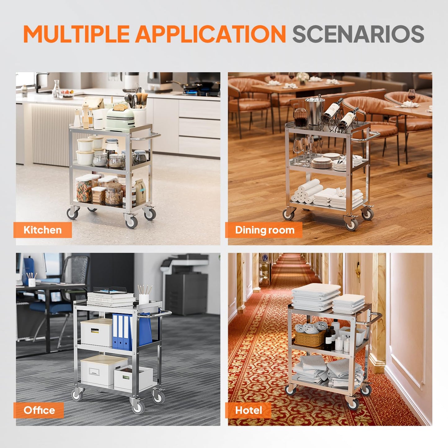 LEADZM 15"L x 24"W x 33"H Utility Rolling Cart on Wheels With Braker, 3-Tier Heavy Duty Commercial Storage Tool Serving Cart With Handle, Stainless Steel for Kitchen Home & Business, Silver