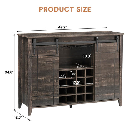IDEALHOUSE Wine Bar Cabinet,Coffee Bar Cabinet,Farmhouse Liquor Station,Rustic Buffet Sideboard with Sliding Barn Doors,Wine & Glass Racks,Adjustable Shelves,for Living Room,Kitchen,Entryway(Fire)
