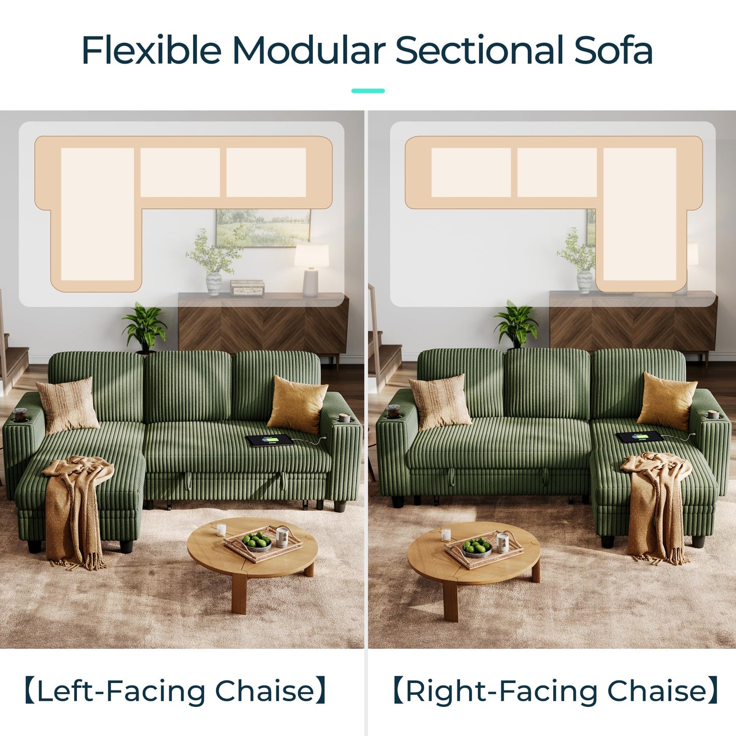 LINSY HOME Sectional Sleeper Sofa Pull Out Couches for Living Room (Green, Sleeper Sofa 1) | Pull Out Sofa Bed, Storage, USB Charging, Cup Holders, Plush Corduroy