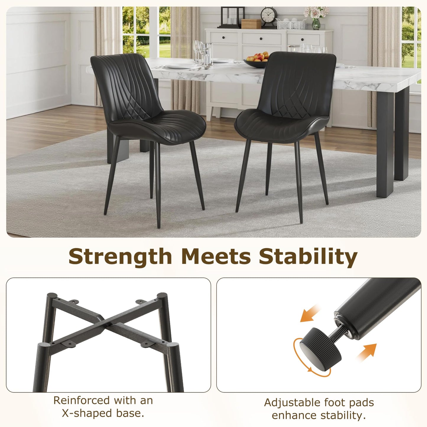 VECELO Dining Chairs Set of 6, Modern Upholstered Faux Leather Cushion Seat and Metal Legs for Kitchen, Living Room, Black