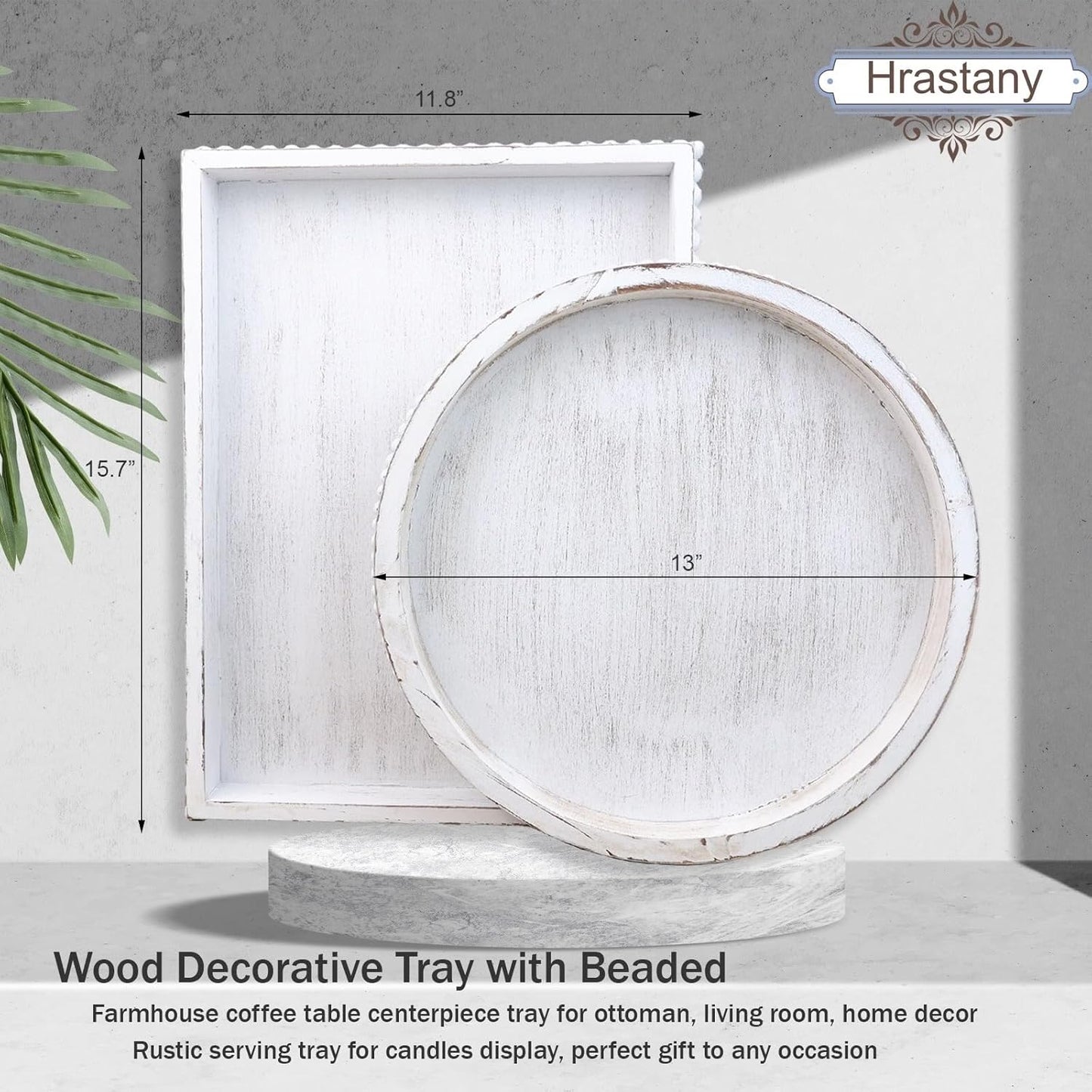 13 Counter, Hrastany Round Wood Serving Tray with Beaded, Rustic Wooden Decorative Coffee Table Tray for Centerpiece