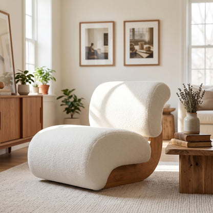 Merax 28" Modern Curved Boucle Accent Chair with Solid Wood Base, Mid-Century Armless Upholstered Slipper Lounge Chair for Living Room, Bedroom, Reading Nook, Natural + Beige