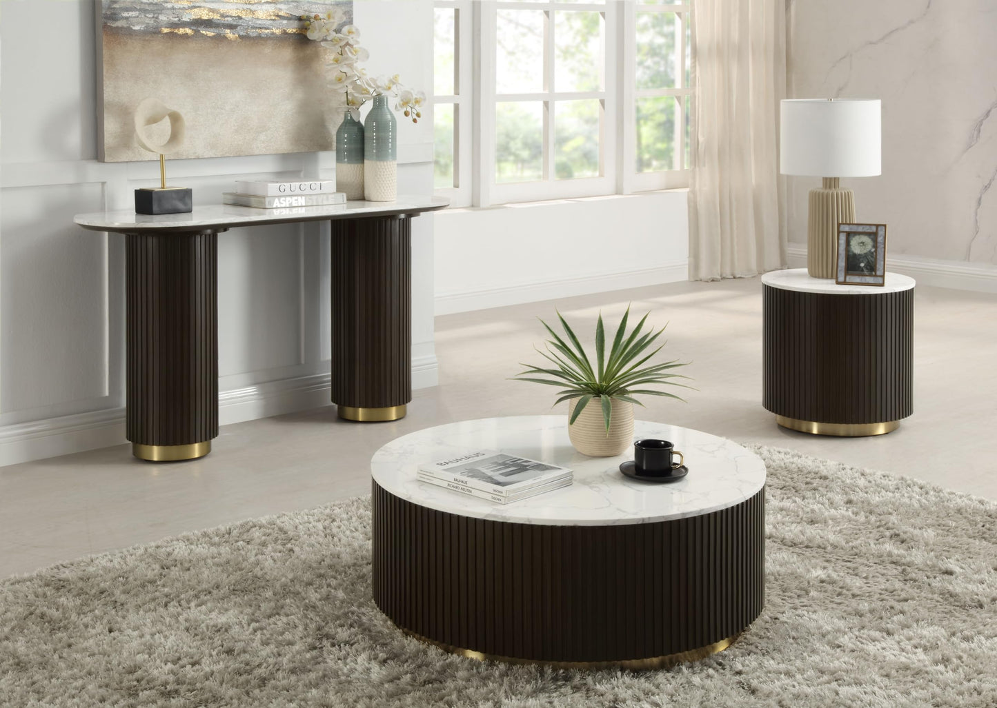 Acme Clayten Wood & Artificial Marble End Table in White & Espresso