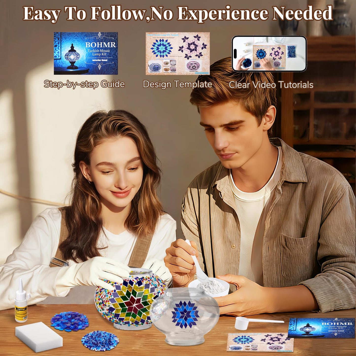 BOHMR DIY Turkish Mosaic Lamp Kit, Stained Glass Table Lamp Making Kit- Easy and Fun, No Experience Needed, Mosaic Art & Craft Project Kits for Adults & Teens, Make Your Own Table Lamp, Multicolor