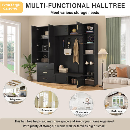 Amposei 94.49’’W Extra Large Hall Tree Cabinet with 6 Doors & 3 Drawers, Tall Entryway Organizer Shoe Storage Bench with 4 Coat Hooks & 6 Open Cubbies for Hallway Mudroom Living Room, Black