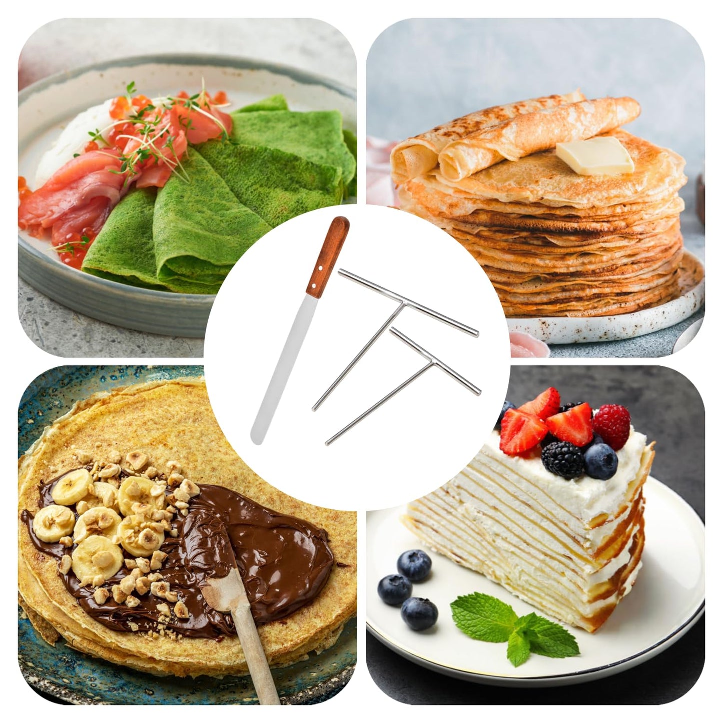 3 Pack Crepe Spreader and Spatula Kit, 12" Wooden Handle Spurtle Spatula, Stainless Steel Crepe Spreader, 7" & 5" T-Shaped Batter Spreaders, Crepes Turner Sticks, Pancake Tool Fit Any Crepe Maker Pan
