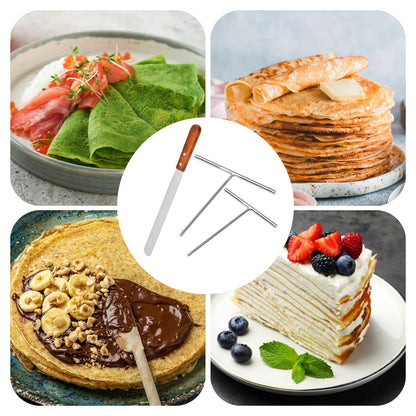 3 Pack Crepe Spreader and Spatula Kit, 12" Wooden Handle Spurtle Spatula, Stainless Steel Crepe Spreader, 7" & 5" T-Shaped Batter Spreaders, Crepes Turner Sticks, Pancake Tool Fit Any Crepe Maker Pan