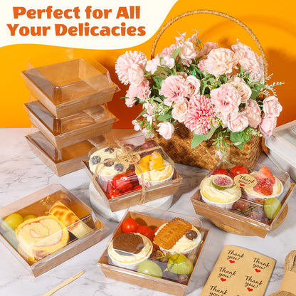 LNDIEHS 50Pcs Small Kraft Charcuterie Boxes with Clear Lids - Paper Mini Appetizer Plates for Sandwich, Cookie, Sushi, Cake Slice, and Strawberries