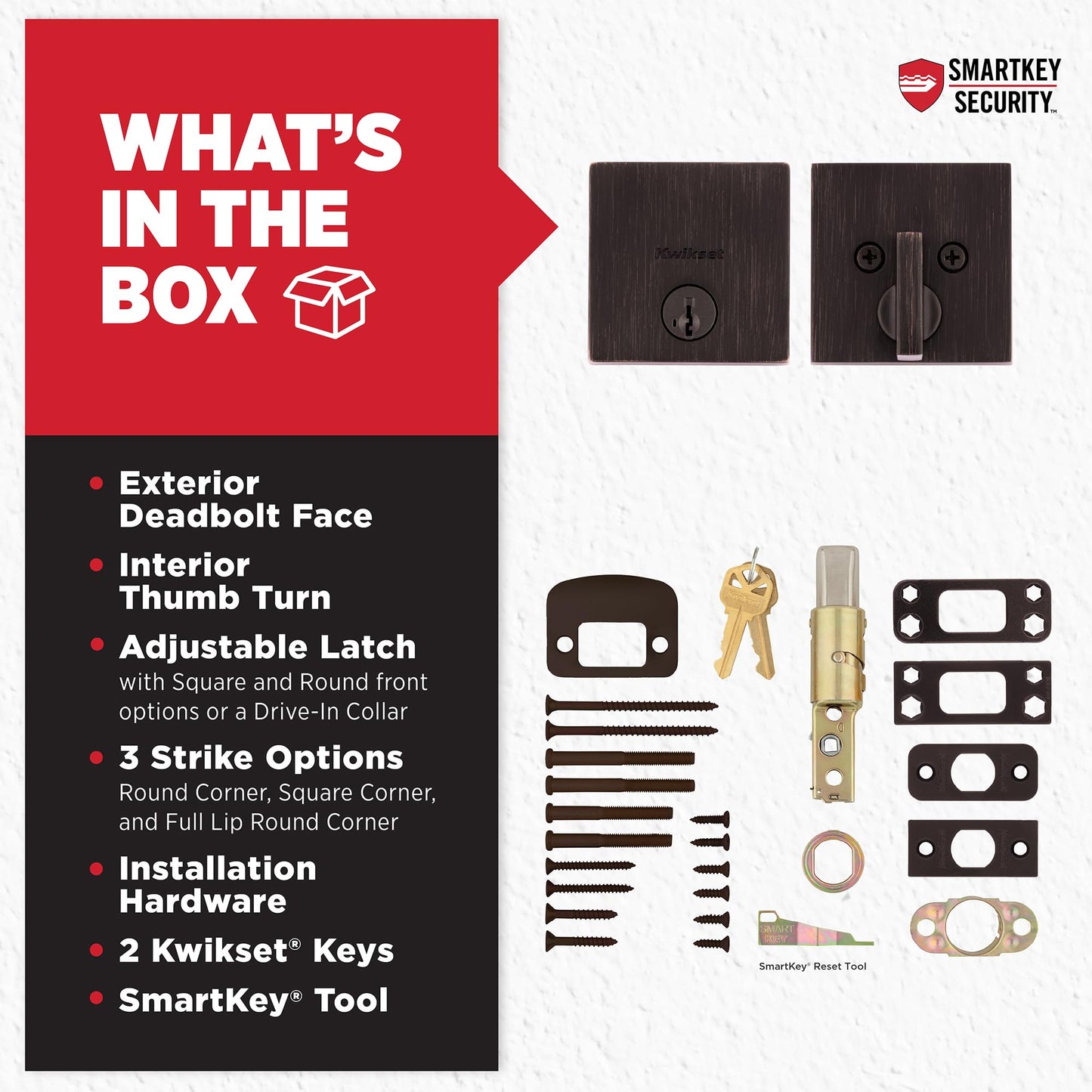 Kwikset Downtown Deadbolt Lock, Matte Black Square Exterior Keyed Front Entry Door, Pick Resistant SmartKey Rekey Security, Single Cylinder Dead Bolt, with Microban Protection