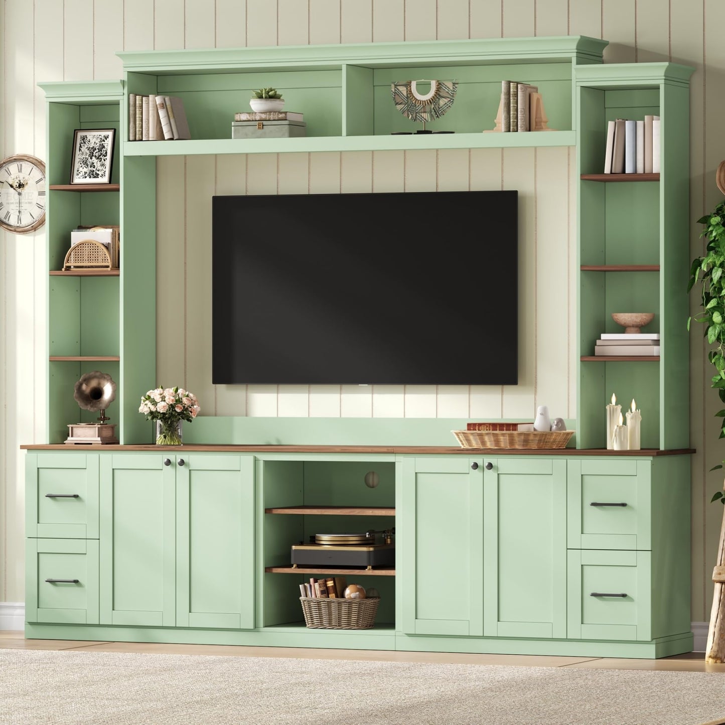 Ball & Cast 94.8" Entertainment Center Wall Unit with Bookshelf for TVs Up to 70",Farmhouse Large TV Stand with Walnut Adjustable Shelves,Retro Media Console with 4 Drawers for Living Room,Mint Green
