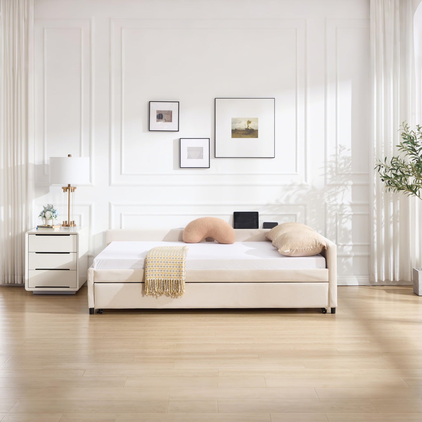 DNYN L-Shaped Corner Daybed with Pull-Out Trundle and Dual USB Ports for Bedroom/Guest Room, Velvet Bed Frame w/Wooden Slats Support and LED, Space-Saving & No Box Spring Needed, Beige