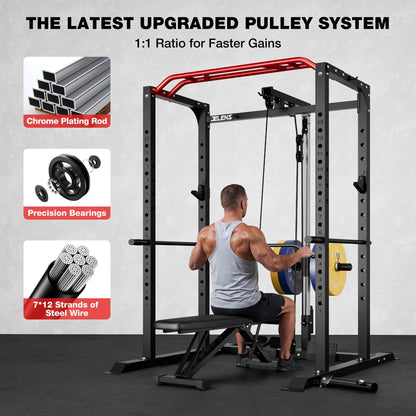 JELENS S11 Power Cage, 2000LB Multi-Function Power Rack with LAT Pulldown, Squat Rack with Adjustable Pulley System and Training Attachments, Weight Rack for Home Gym