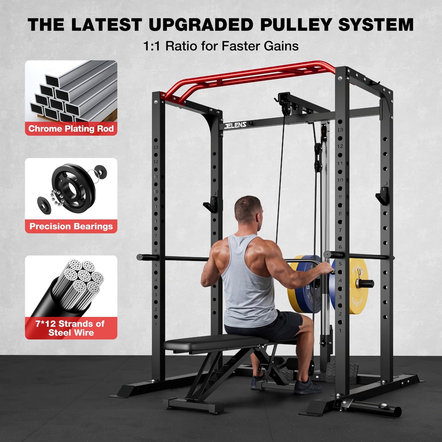 JELENS Power Cage, 2000LBS Multi-Function S11 Power Rack with LAT Pulldown, Squat Rack with Adjustable Pulley System and More Training Attachments, Weight Workout (Home Gym Package)