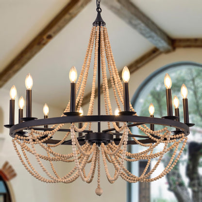 Wellmet Beaded Chandelier Boho Light Fixture 38", Black Farmhouse Dining Room Chandelier Pendant Lights, French Country Candle Wagon Wheel Chandelier Hanging Ceiling Light Fixture for Staircase Foyer