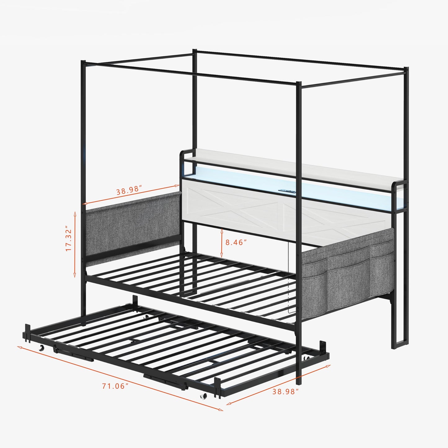 DNYN Metal Daybed with Pop-up Trundle and 4 Poster for Bedroom/Guest Room, Twin Size Heavy-Duty Canopy Bed Frame with USB Ports and Storage Headboard, Space-Saving & No Box Spring Needed