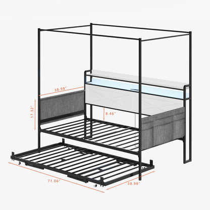 DNYN Metal Daybed with Pop-up Trundle and 4 Poster for Bedroom/Guest Room, Twin Size Heavy-Duty Canopy Bed Frame with USB Ports and Storage Headboard, Space-Saving & No Box Spring Needed
