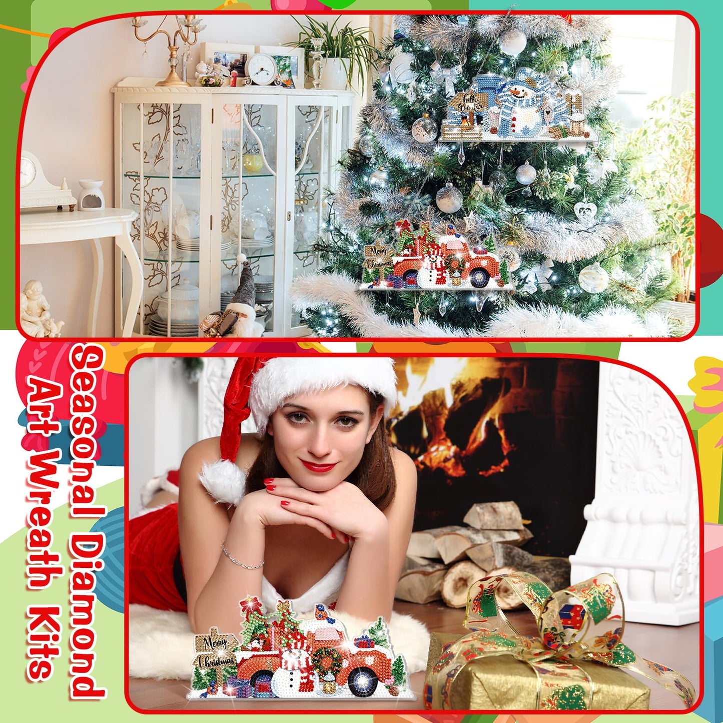 Cinnvoice 12 Pcs Seasonal Diamond Art Wreath Kits Holiday 5d DIY Diamond Painting Signs Germ Hanging Art Ornaments for Wall Door Decorations (Novel)