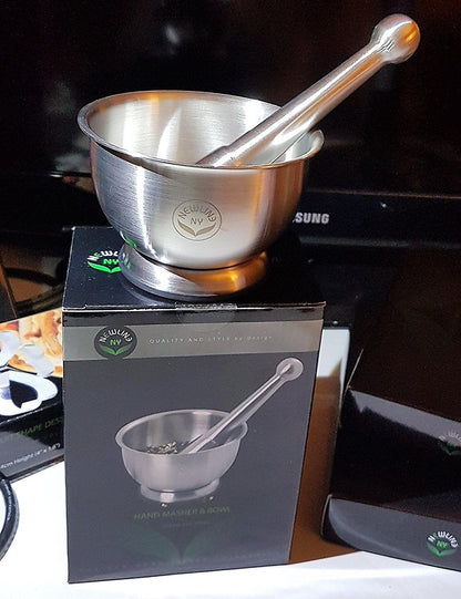 NewlineNY Stainless Steel Hand Masher & Bowl, Mortar and Pestle Set