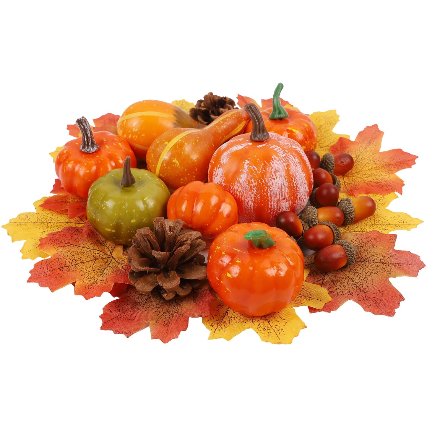 winemana Fall Decorations for Home-6pcs Mini Pumpkins & 2pcs Gourds, 30pcs Leaves & 10pcs Acorns, 2pcs Pinecones Centerpiece Set-Harvest Decor for Table Mantel (Largest: 4.5" x 2.1")