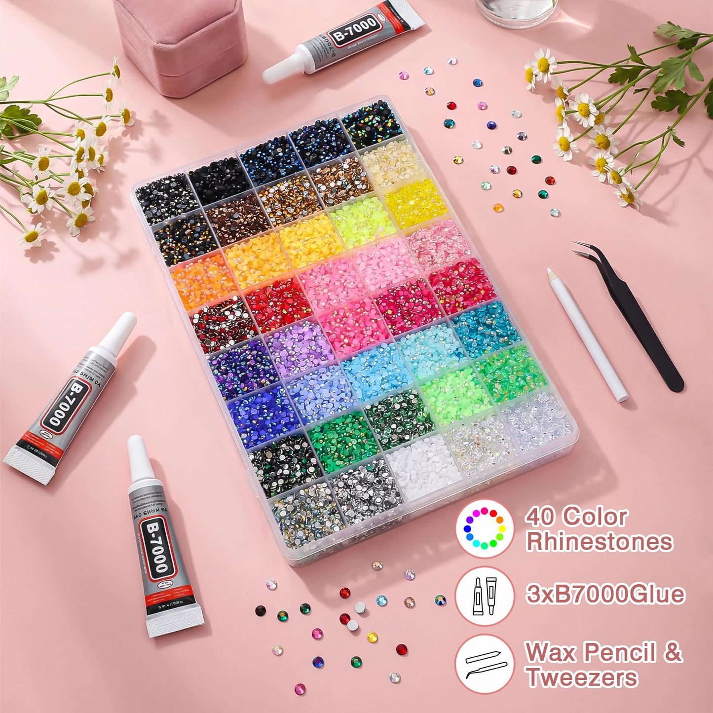 32000Pcs 40 Colors Resin Rhinestones Bedazzling Kit, Multicolor Flatback Gems, DIY Nail Art Clothing Tumblers Crafts for Bedazzling Diamond Art Makeup (40 Colors)