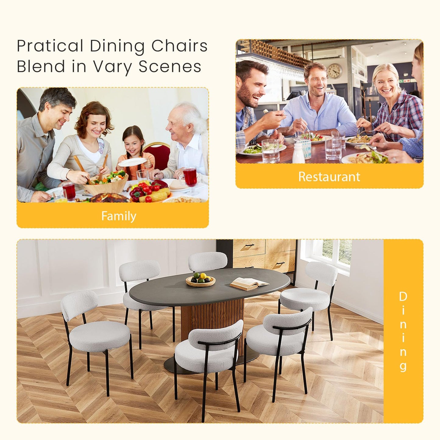 DUMOS Dining Chairs Set of 6, Mid Century Modern Chair Round Upholstered Curved Backrest, Kitchen Vanity Living Room Chairs with Black Metal Legs，Light Grey