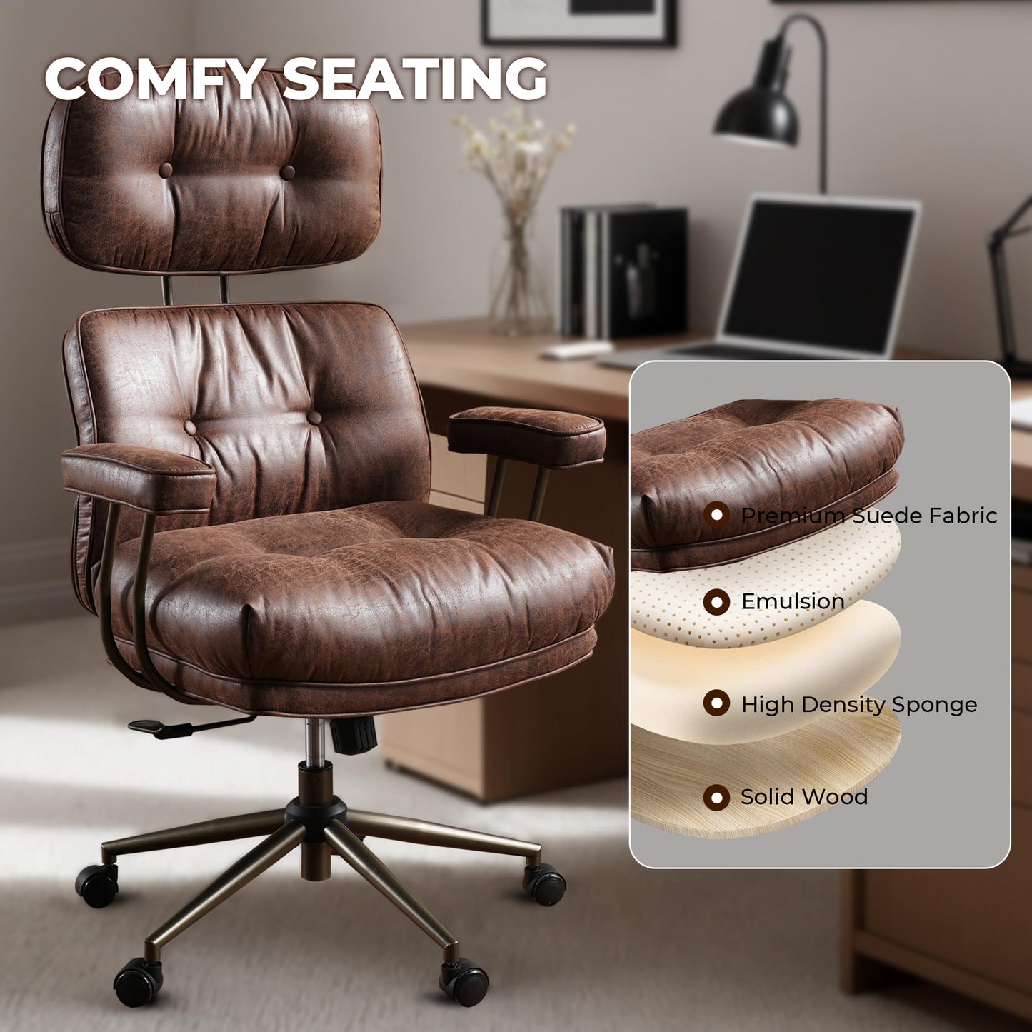 Home Office Chair,Ergonomic Computer Chair with Lumbar Support Adjustable Height,Mid-Century Modern Office Chair with Rolling Swivel Chair for Home Office Game Study(Suede Leather Chair,Dark Brown)