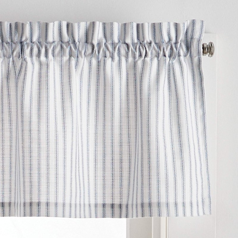 Martha Stewart Ticking Stripe 3-Piece Window Curtain Valance and Tiers Set, White Indigo