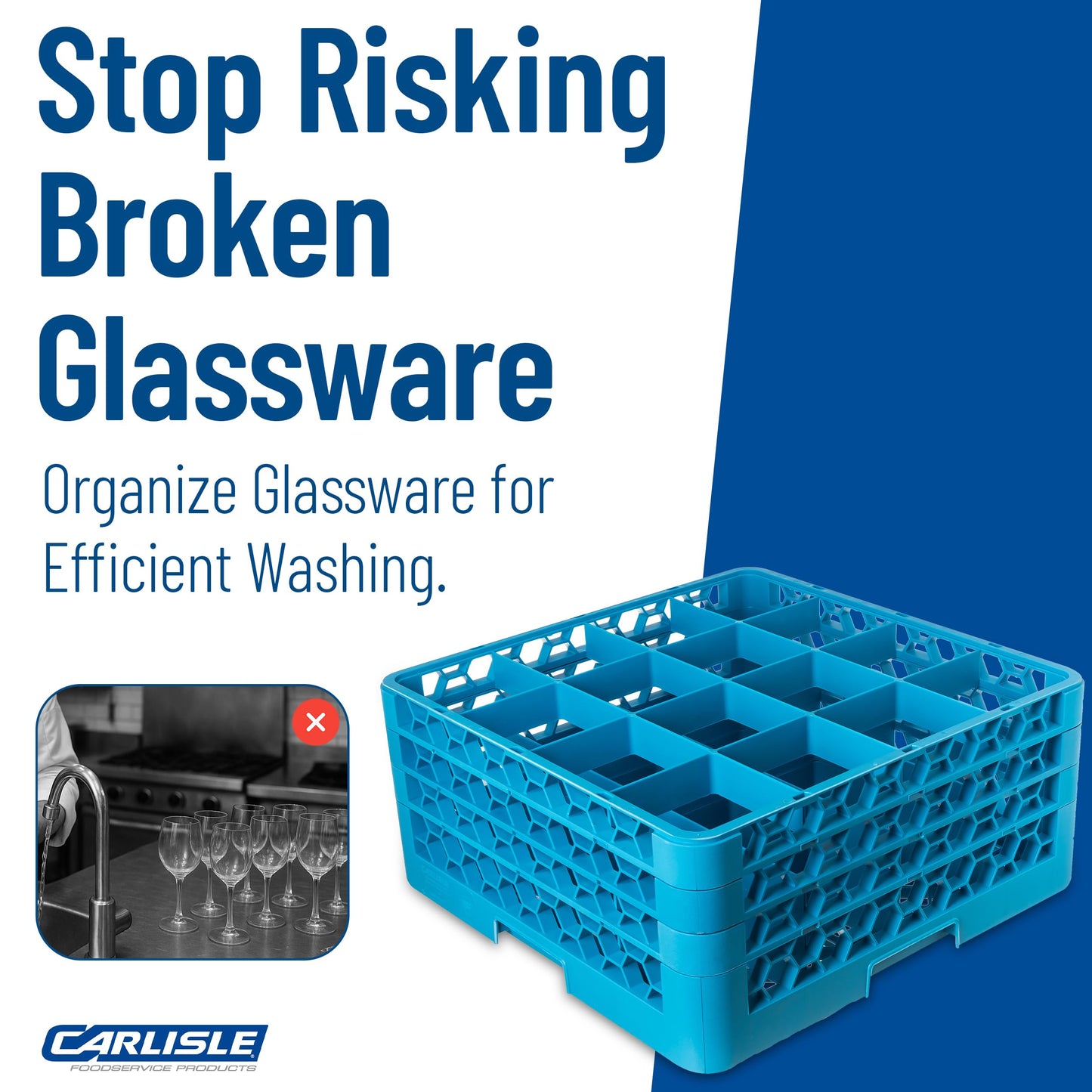 Carlisle FoodService Products Opticlean Glass Rack 16 Compartments with 3 Extenders for Kitchens and Restaurants, Plastic, 19.875 x 19.875 x 8.5 Inches, Carlisle Blue, (Pack of 2)