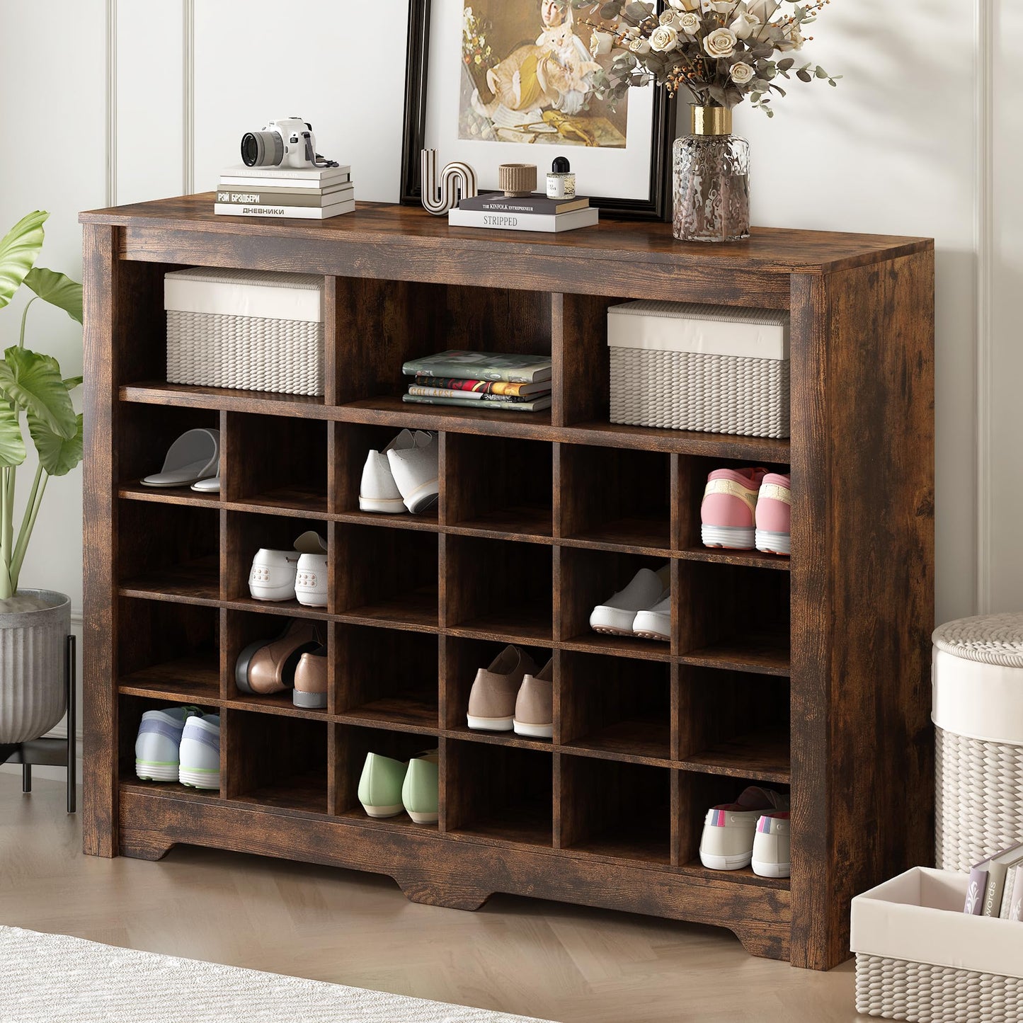Merax Sleek Design 24 Shoe Cubby Console, Modern Storage Cabinet with Curved Base, Versatile Sideboard for Hallway, Bedroom, Living Room, Rustic Brown