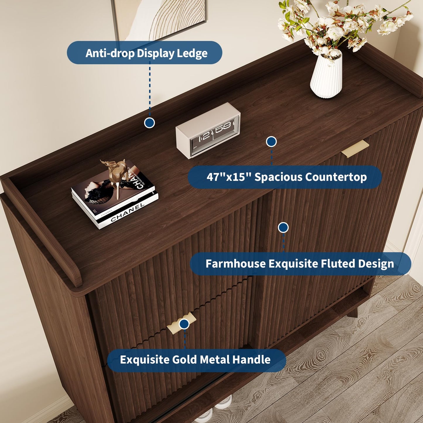 GarveeHome Narrow Fluted Shoe Cabinet Storage for Entryway, Wood Large Freestanding Shoe Organizer Cabinet with Sliding Door, 2 Flip Drawers, Adjustable Shelves Rack & Bottom Open Shelf