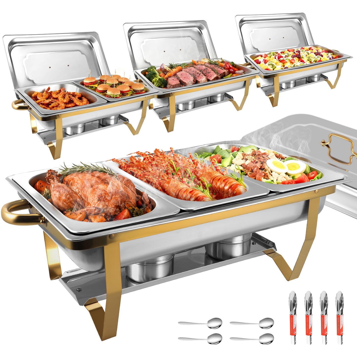 Chafing Dishes for Buffet 4 Pack, 8Qt [Multi-Size Food Pans] High Grade Chafing Dish Buffet Set Rolled-Edge Stacking Design [Easy Storage] Buffet Servers Food Warmers for Parties, Events & Weddings