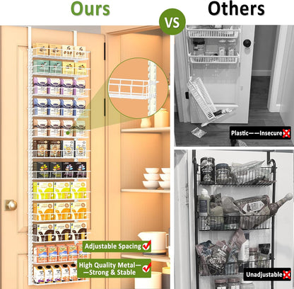 12 12 Churboro Over the Door Pantry Organizer Rack with Adjustable Baskets, Tiers Dual-use Spice Rack- Hanging or Wall
