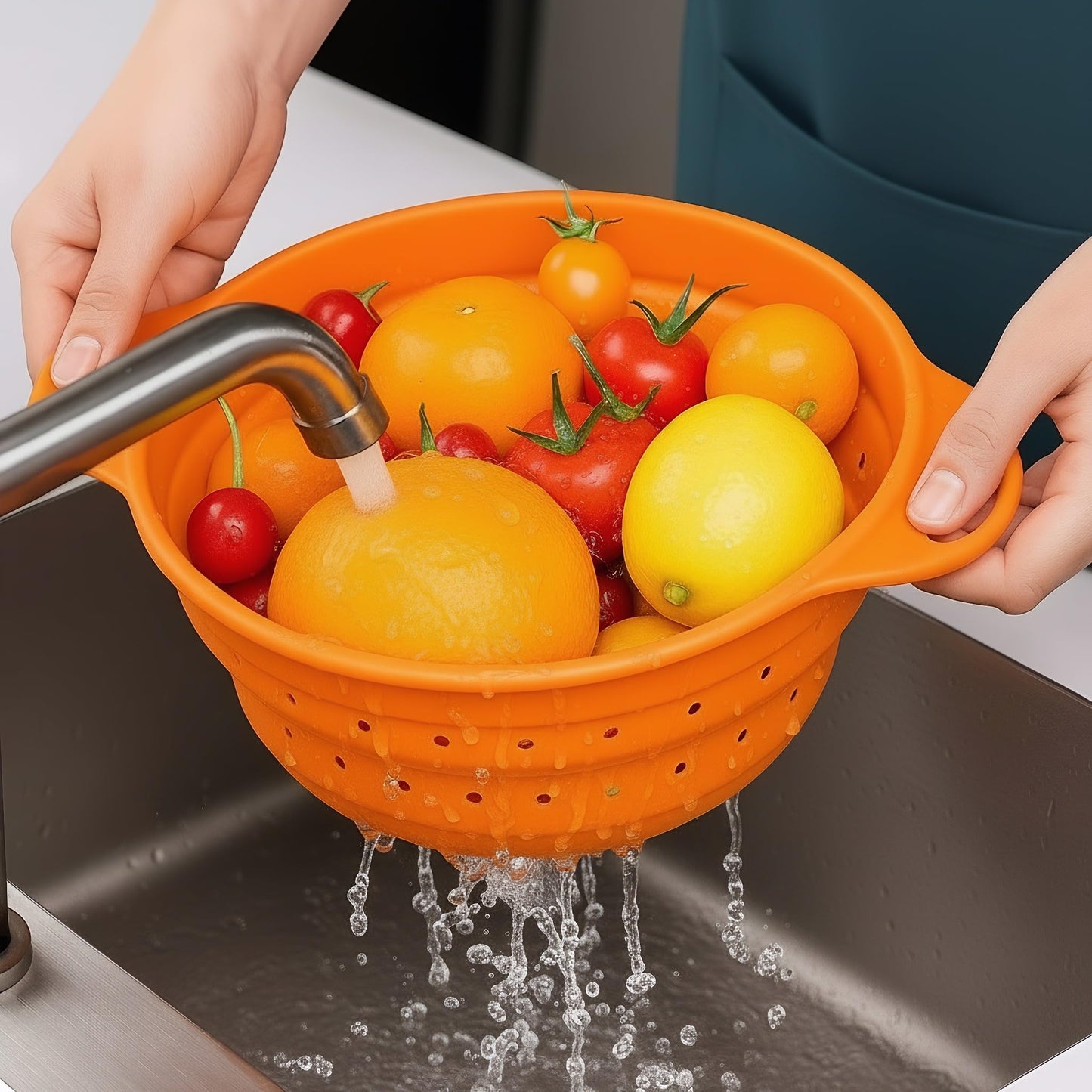 2 Pack Strainers and Colanders, Silicone Collapsible Sink Collander, Strainers and Colanders for Kitchen, Large Drainer for Vegetable, Food, Pasta (Orange)
