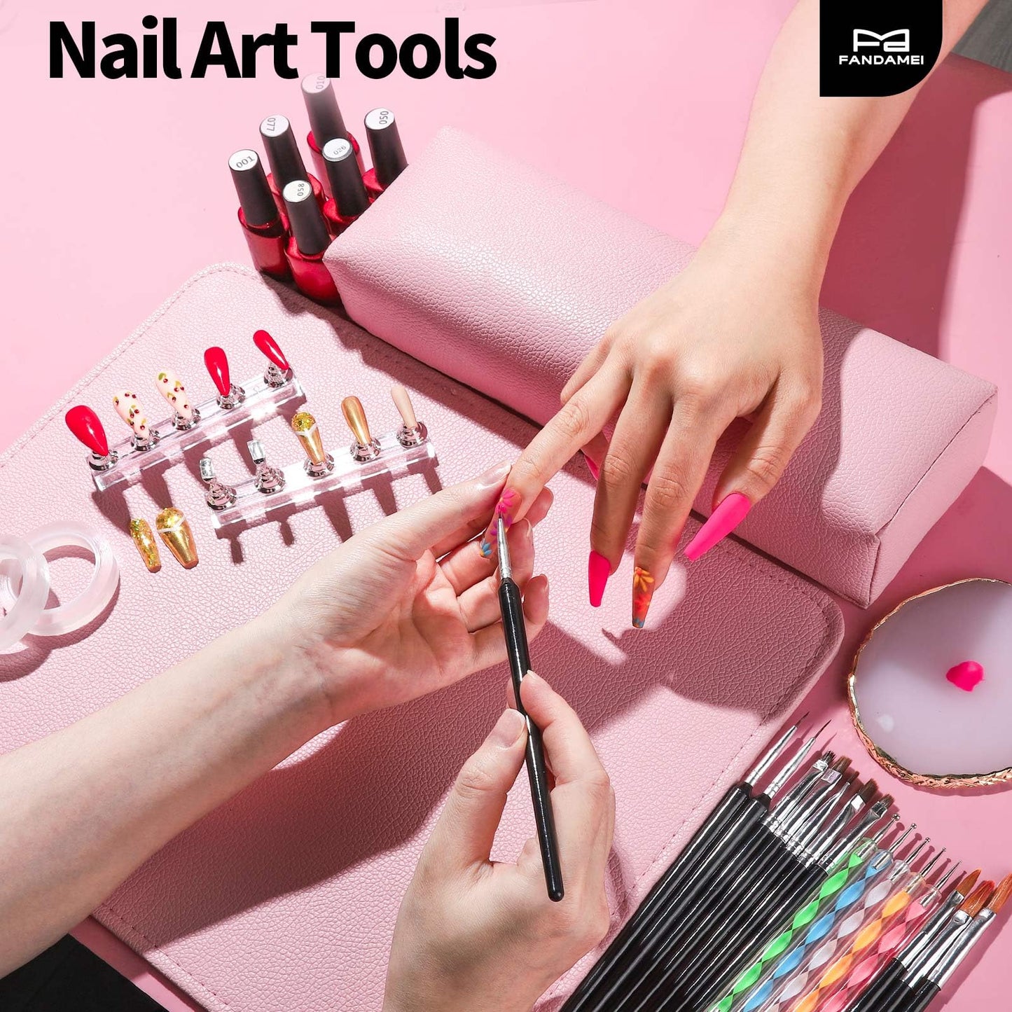FANDAMEI Nail Art Brushes, Nail Brush Set With Nail Stand, Nail Holder For Painting Nails, Nail Art Tools, Nail Design Tools, 11PCS Nail Brushes For Nail Art, 5PCS Nail Dotting Tool, Nail Art Palette