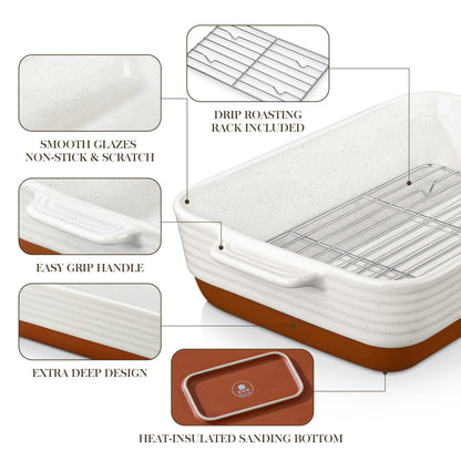 MALACASA Baking Dish with Rack, 4.8 Qt Ceramic Roasting Pan with Stainless Steel Drip Rack, 9x13 Inch Deep Casserole Dish with Handles, Oven Safe Lasagna Pan for Baking & Serving (Khaki & White) - Series Tara